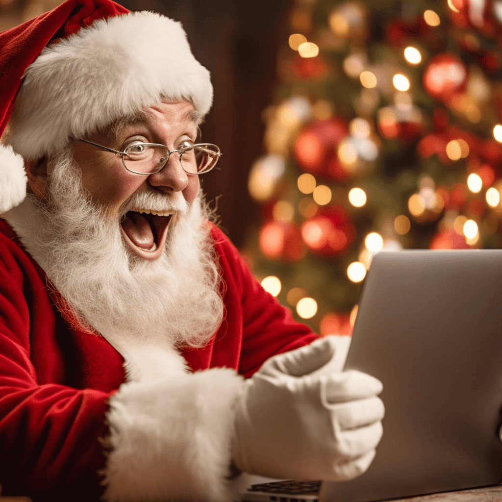 Der Weihnachtsmann an seinem Computer bei einem Live-Video-Chat